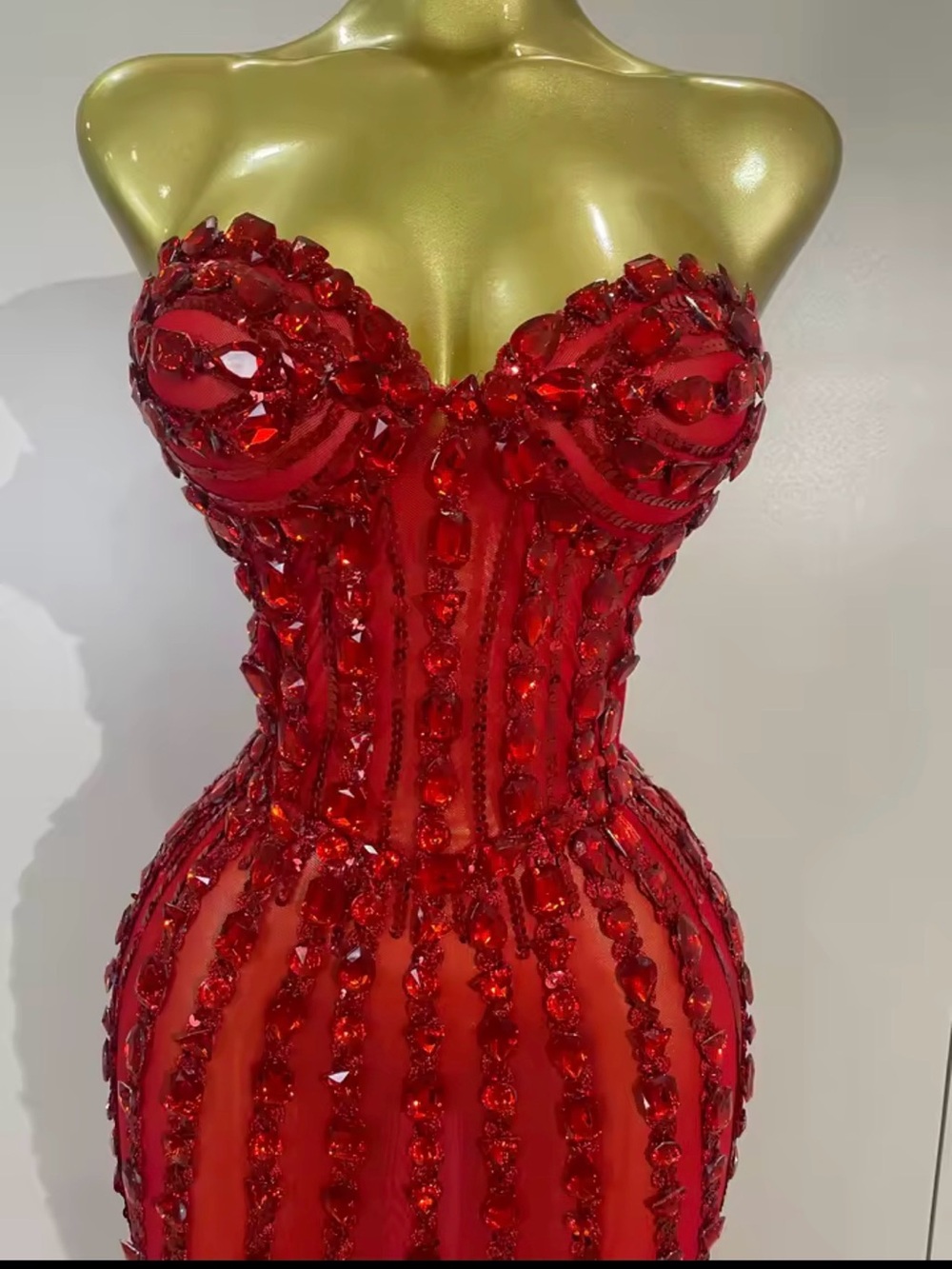 Strapless Red Crystal Embellished Evening Gown